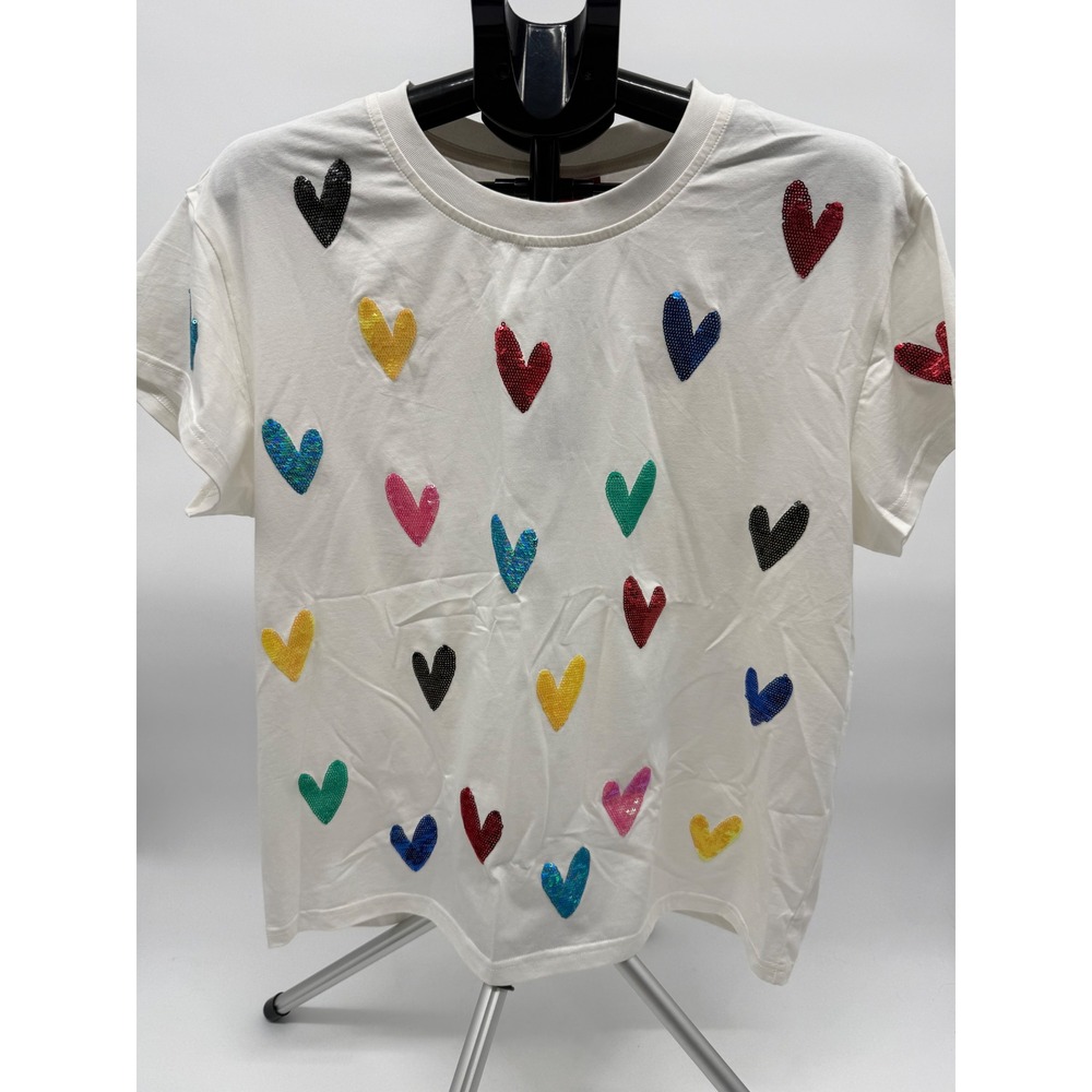 Queen of Sparkles Women's Small White Multi Sequin Heart T-Shirt NWT